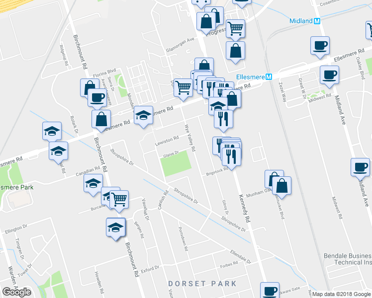 map of restaurants, bars, coffee shops, grocery stores, and more near 24 Glaive Drive in Toronto