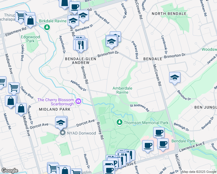 map of restaurants, bars, coffee shops, grocery stores, and more near 7 Neapolitan Drive in Toronto