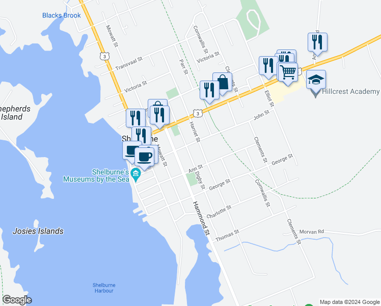 map of restaurants, bars, coffee shops, grocery stores, and more near 140 Digby Street in Shelburne