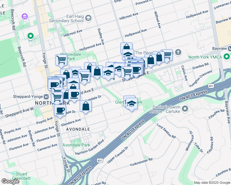 map of restaurants, bars, coffee shops, grocery stores, and more near 46 Dudley Avenue in Toronto
