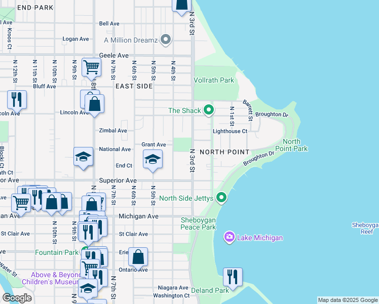 map of restaurants, bars, coffee shops, grocery stores, and more near 1626 North 3rd Street in Sheboygan