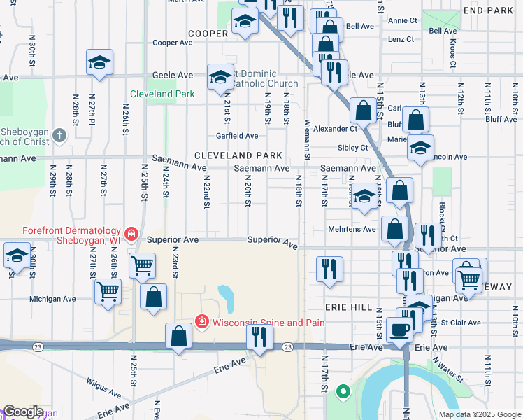 map of restaurants, bars, coffee shops, grocery stores, and more near 1544 North 19th Street in Sheboygan