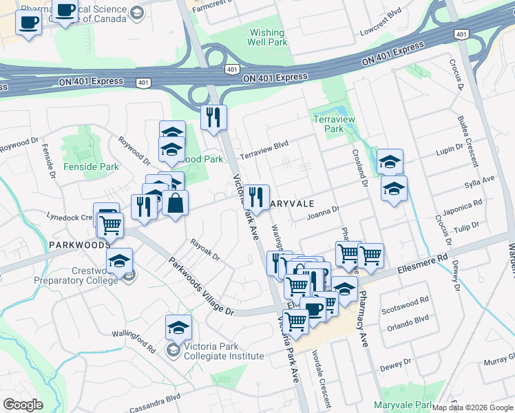 map of restaurants, bars, coffee shops, grocery stores, and more near 2255 Victoria Park Avenue in Toronto