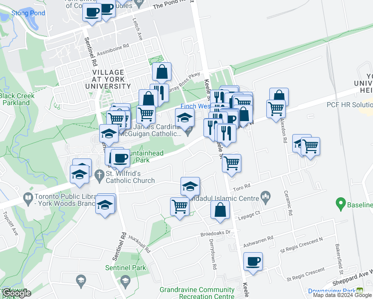 map of restaurants, bars, coffee shops, grocery stores, and more near 1528 Finch Avenue West in Toronto