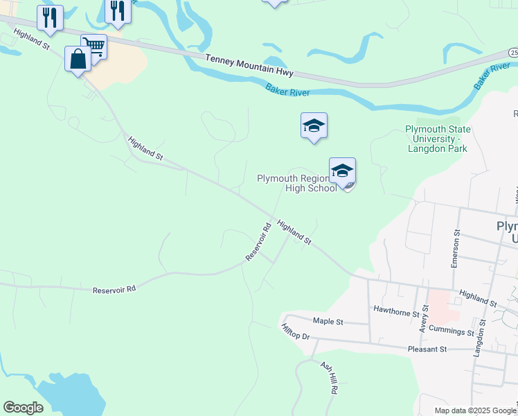 map of restaurants, bars, coffee shops, grocery stores, and more near Highland Street in Plymouth