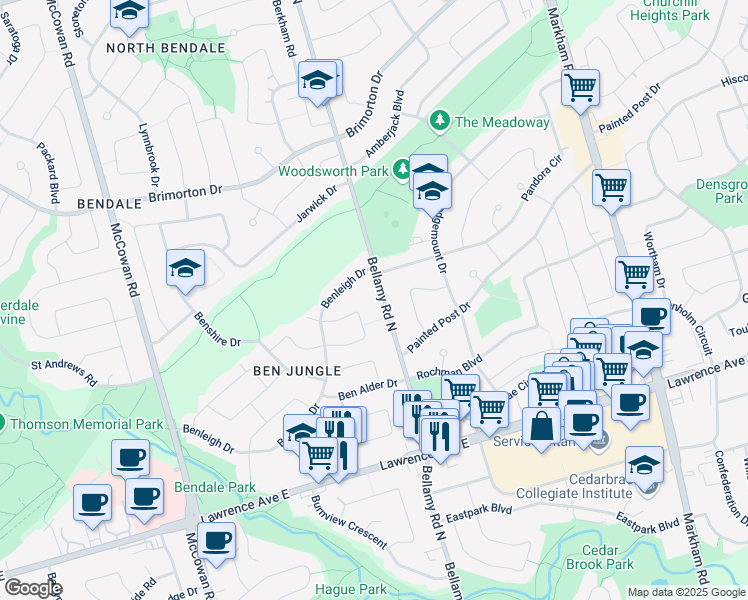 map of restaurants, bars, coffee shops, grocery stores, and more near 584 Bellamy Road North in Toronto
