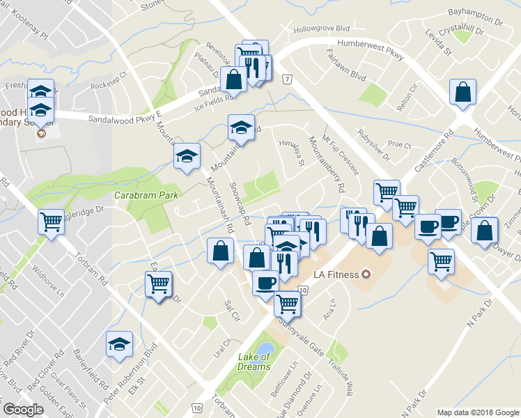 map of restaurants, bars, coffee shops, grocery stores, and more near 12 Mount McKinley Lane in Brampton