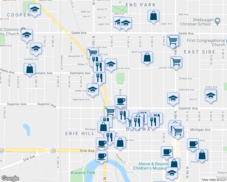 map of restaurants, bars, coffee shops, grocery stores, and more near 1621 North 13th Street in Sheboygan