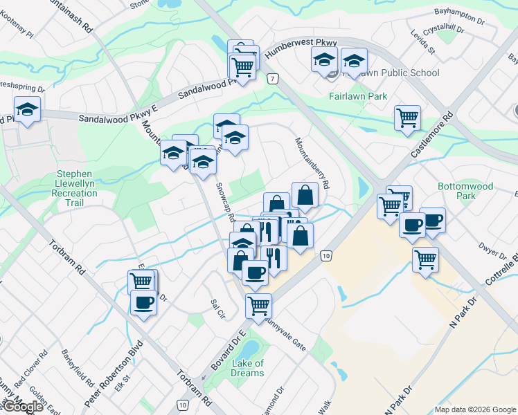 map of restaurants, bars, coffee shops, grocery stores, and more near 23 Mount McKinley Lane in Brampton