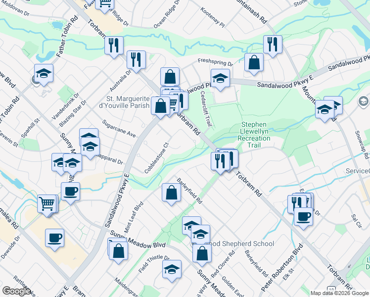 map of restaurants, bars, coffee shops, grocery stores, and more near 18 Willow Heights Court in Brampton