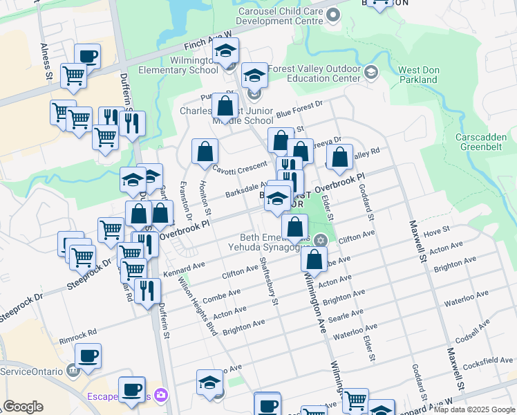 map of restaurants, bars, coffee shops, grocery stores, and more near 154 Overbrook Place in Toronto