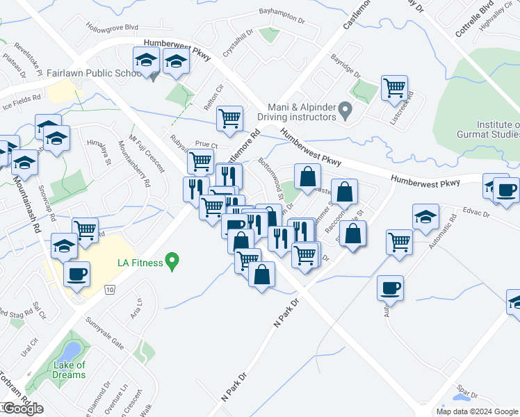 map of restaurants, bars, coffee shops, grocery stores, and more near 7 Jingle Crescent in Brampton