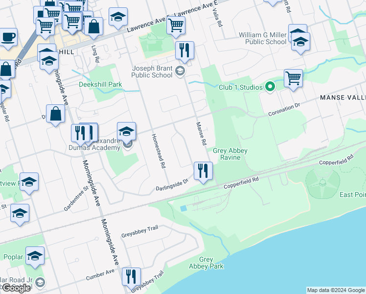 map of restaurants, bars, coffee shops, grocery stores, and more near 174 Darlingside Drive in Toronto