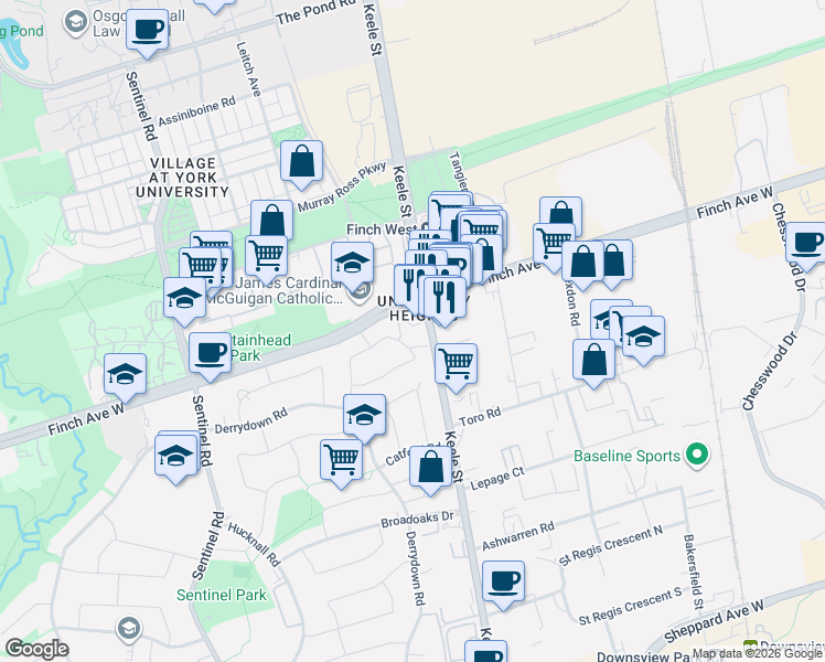 map of restaurants, bars, coffee shops, grocery stores, and more near 3931 Keele Street in Toronto