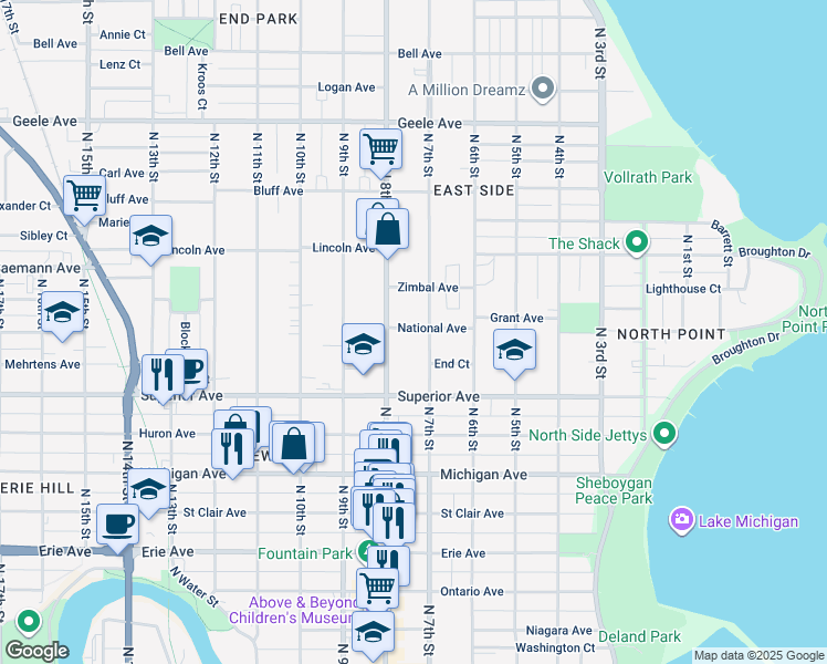 map of restaurants, bars, coffee shops, grocery stores, and more near 731 National Avenue in Sheboygan
