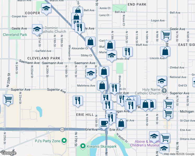 map of restaurants, bars, coffee shops, grocery stores, and more near 1557 North 15th Street in Sheboygan