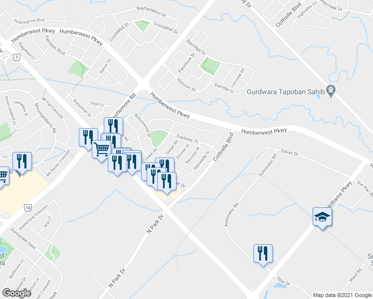 map of restaurants, bars, coffee shops, grocery stores, and more near 29 Zimmer Street in Brampton