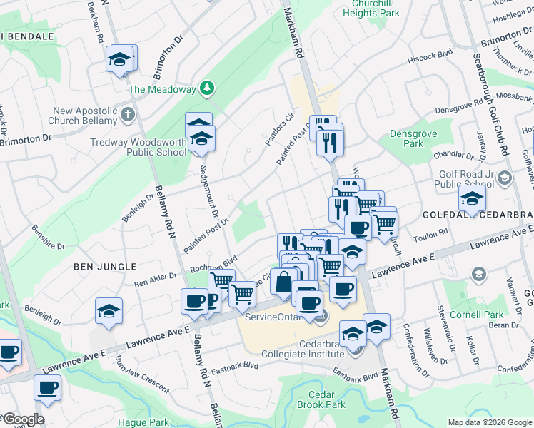 map of restaurants, bars, coffee shops, grocery stores, and more near 94 Rochman Boulevard in Toronto
