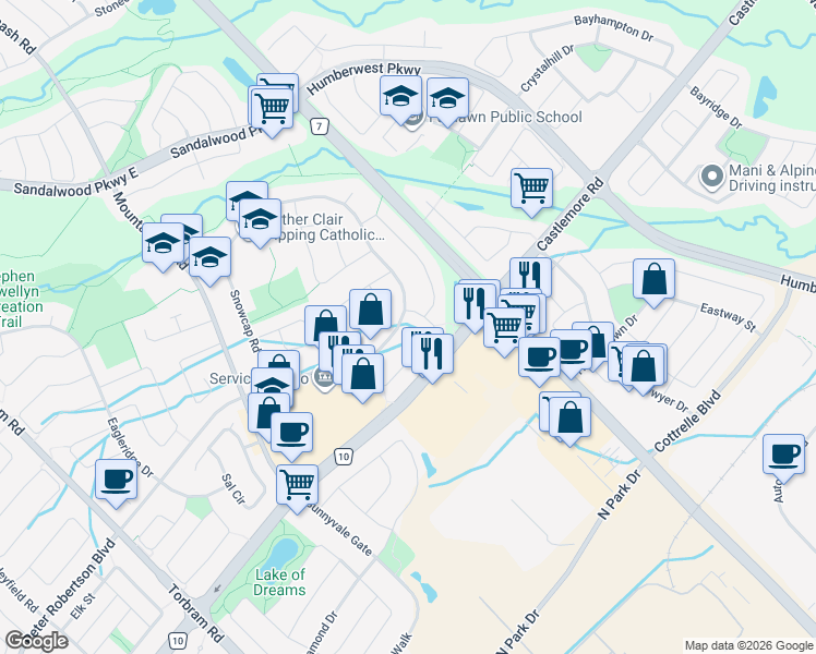map of restaurants, bars, coffee shops, grocery stores, and more near in Brampton