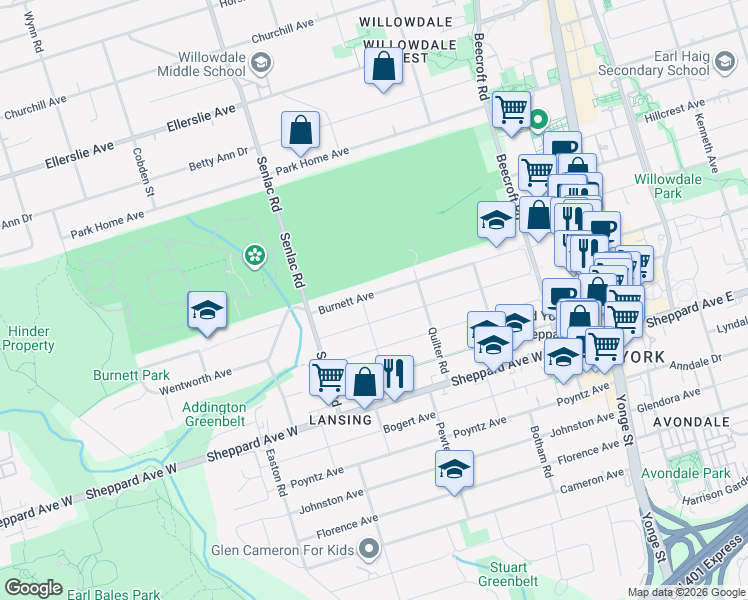map of restaurants, bars, coffee shops, grocery stores, and more near 203 Burnett Avenue in Toronto