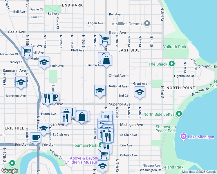 map of restaurants, bars, coffee shops, grocery stores, and more near 731 National Avenue in Sheboygan