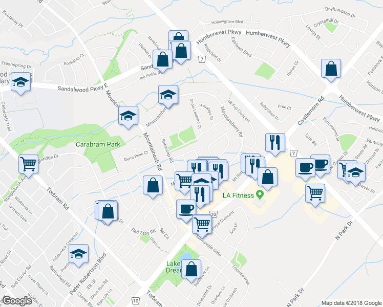 map of restaurants, bars, coffee shops, grocery stores, and more near 23 Mount McKinley Lane in Brampton