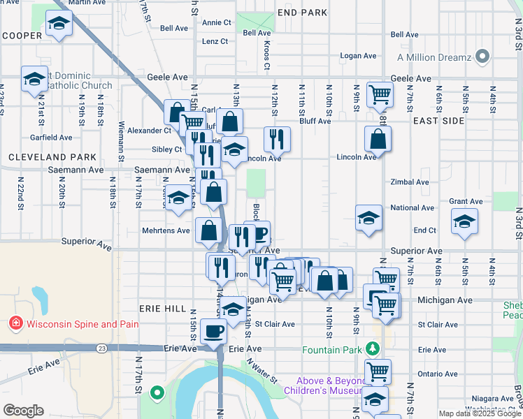 map of restaurants, bars, coffee shops, grocery stores, and more near 1624 North 12th Street in Sheboygan