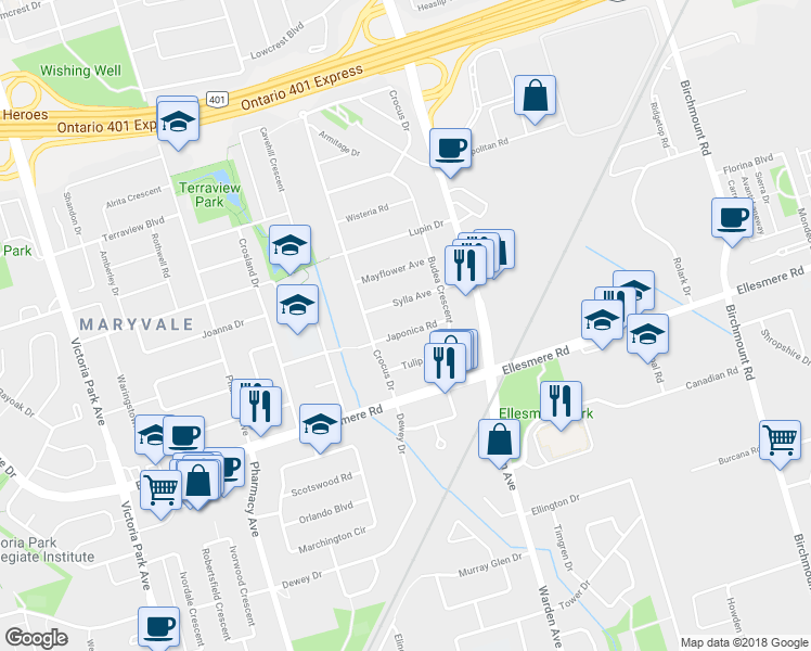 map of restaurants, bars, coffee shops, grocery stores, and more near 30 Japonica Road in Toronto