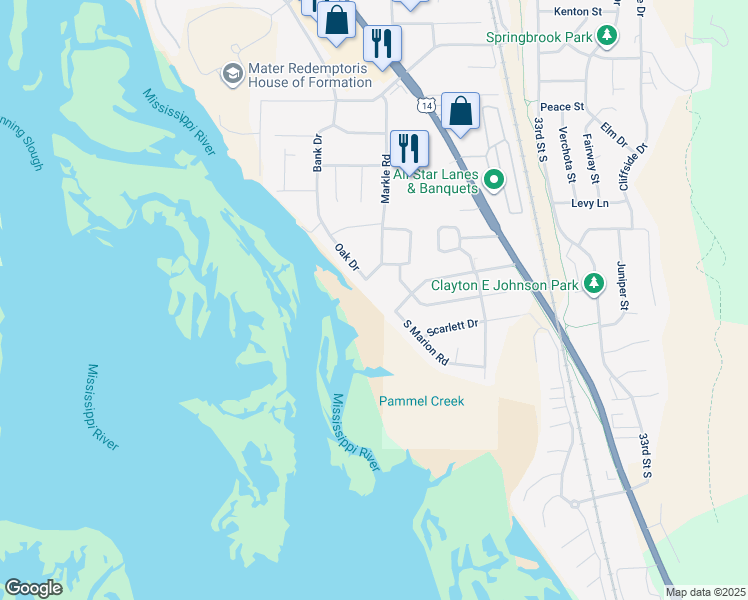 map of restaurants, bars, coffee shops, grocery stores, and more near 2742 Oak Dr in La Crosse