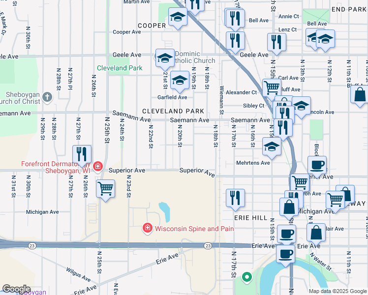 map of restaurants, bars, coffee shops, grocery stores, and more near 1544 North 19th Street in Sheboygan
