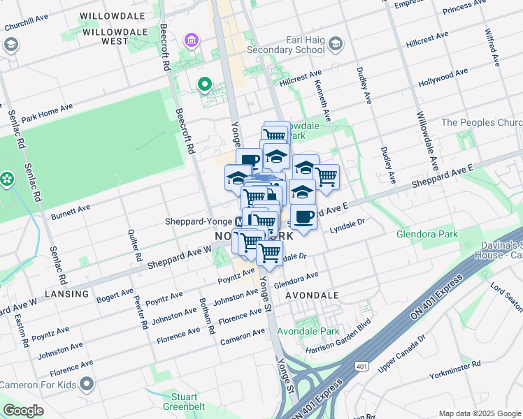 map of restaurants, bars, coffee shops, grocery stores, and more near 4841 Yonge Street in Toronto