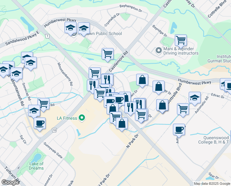 map of restaurants, bars, coffee shops, grocery stores, and more near 23 Jingle Crescent in Brampton