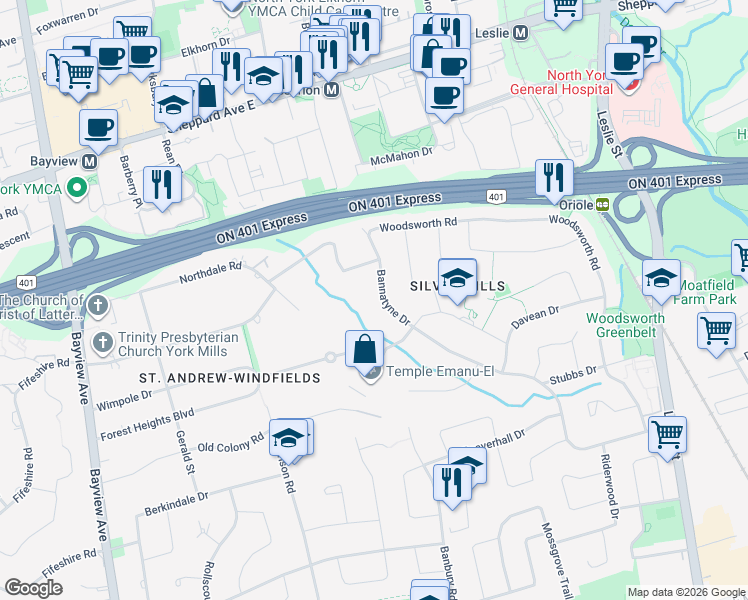 map of restaurants, bars, coffee shops, grocery stores, and more near 30 Bannatyne Drive in Toronto