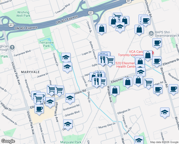 map of restaurants, bars, coffee shops, grocery stores, and more near 30 Japonica Road in Toronto
