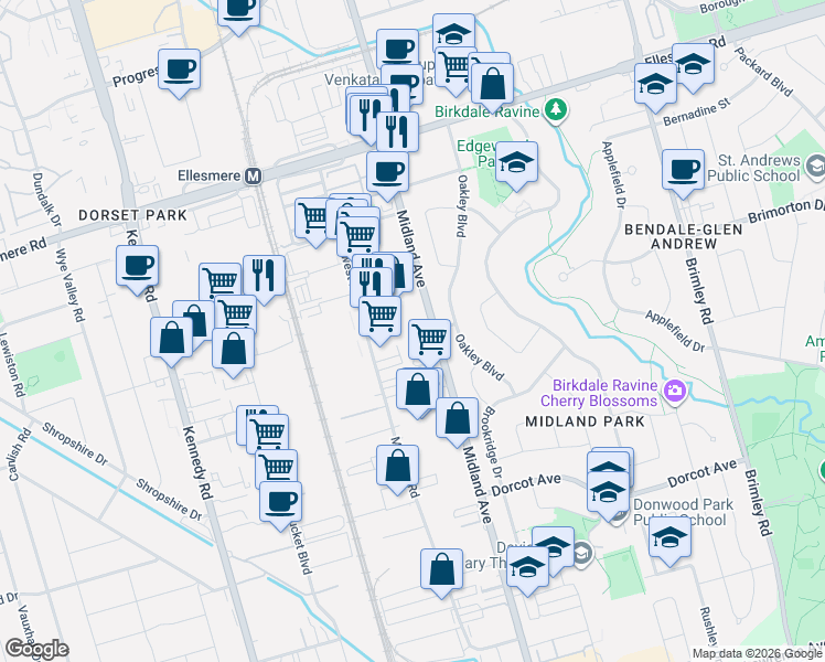 map of restaurants, bars, coffee shops, grocery stores, and more near 1790 Midland Avenue in Toronto