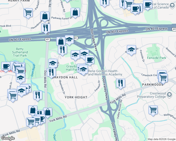 map of restaurants, bars, coffee shops, grocery stores, and more near 25 Karen Road in Toronto