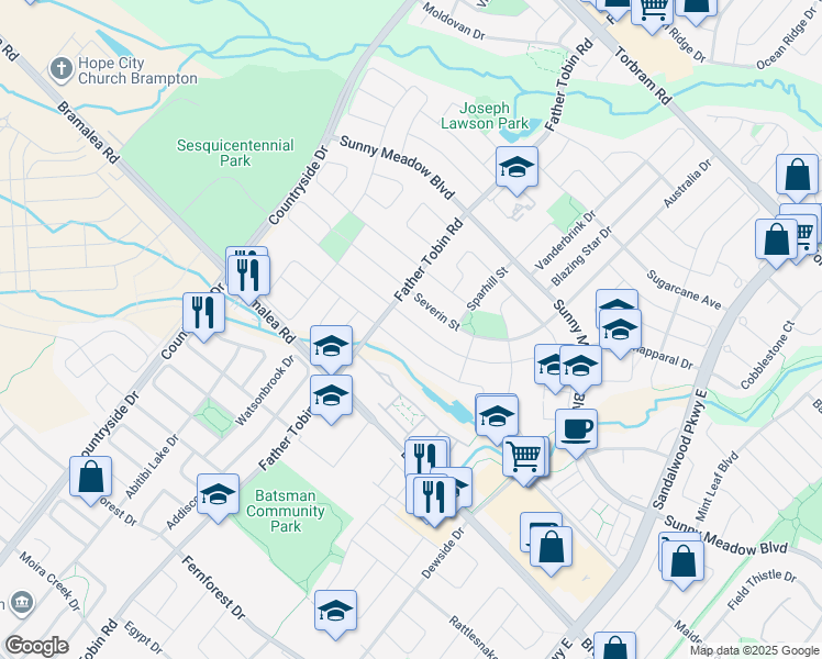 map of restaurants, bars, coffee shops, grocery stores, and more near 56 Totten Drive in Brampton
