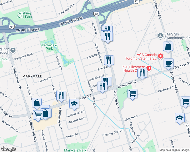 map of restaurants, bars, coffee shops, grocery stores, and more near in Toronto