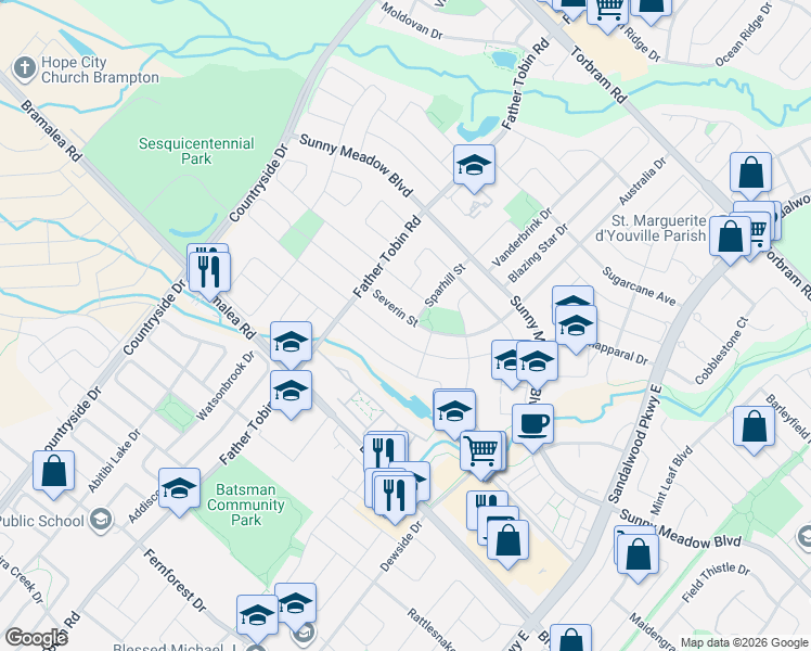 map of restaurants, bars, coffee shops, grocery stores, and more near 48 Severin Street in Brampton