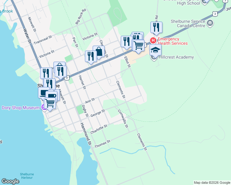 map of restaurants, bars, coffee shops, grocery stores, and more near 126 Cornwallis Street in Shelburne