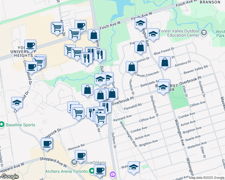 map of restaurants, bars, coffee shops, grocery stores, and more near in Toronto