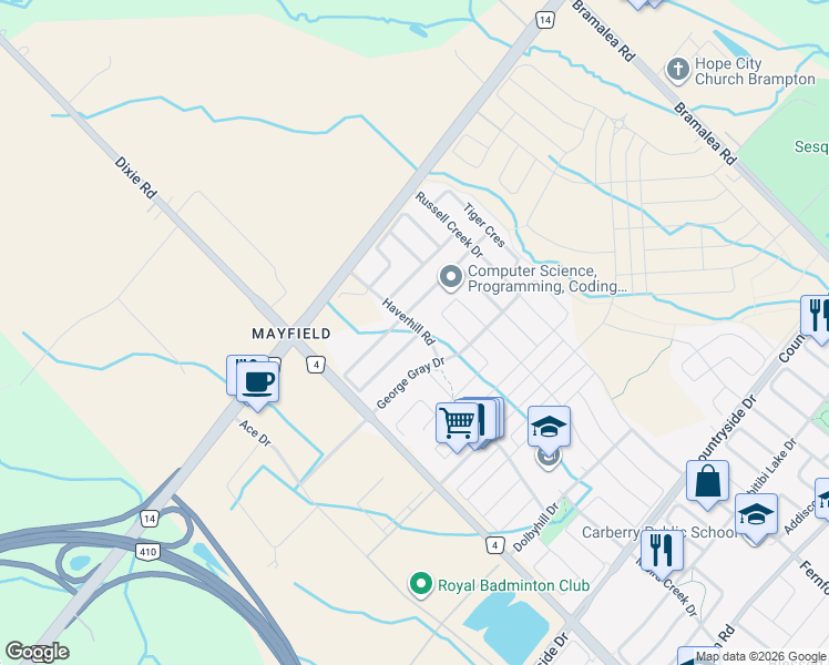 map of restaurants, bars, coffee shops, grocery stores, and more near 6 Folgate Crescent in Brampton