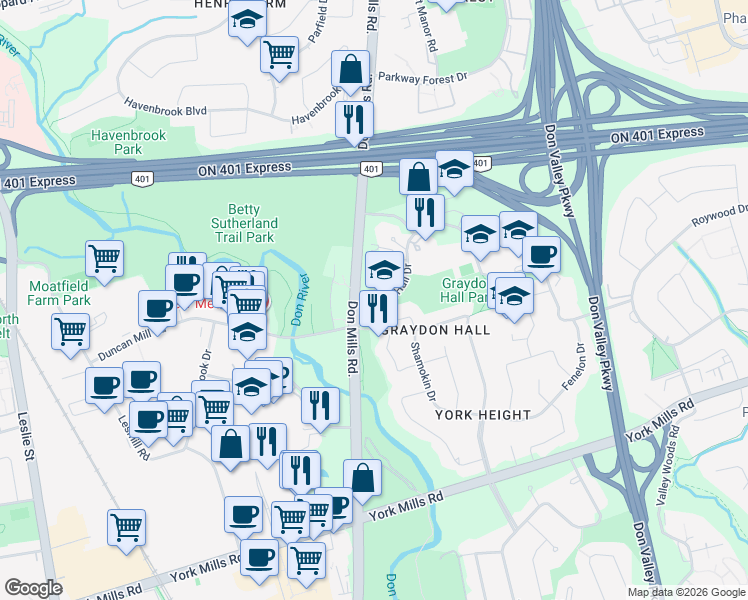 map of restaurants, bars, coffee shops, grocery stores, and more near 18 Graydon Hall Drive in Toronto