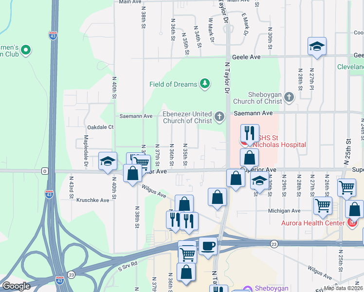 map of restaurants, bars, coffee shops, grocery stores, and more near 1600 North 35th Street in Sheboygan