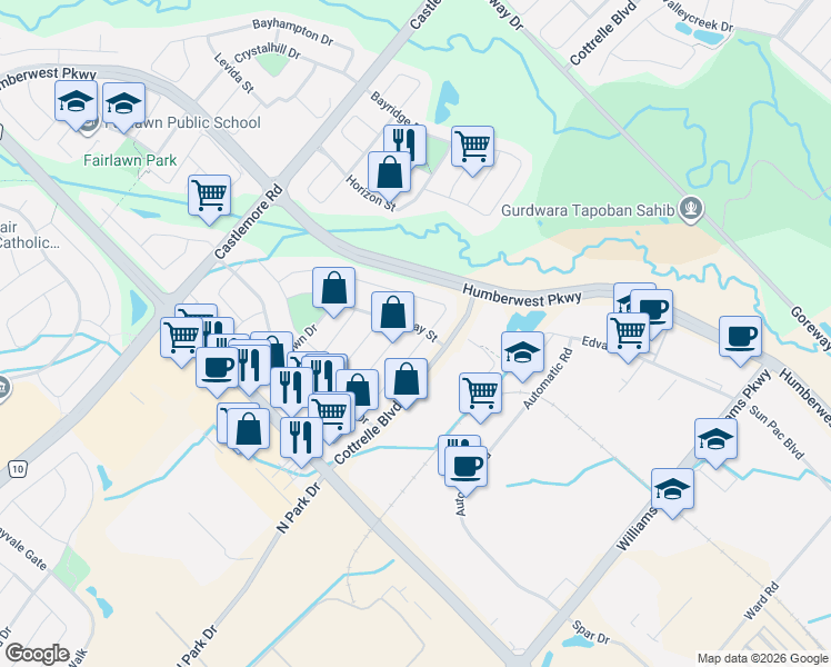 map of restaurants, bars, coffee shops, grocery stores, and more near 6 Eastway Street in Brampton