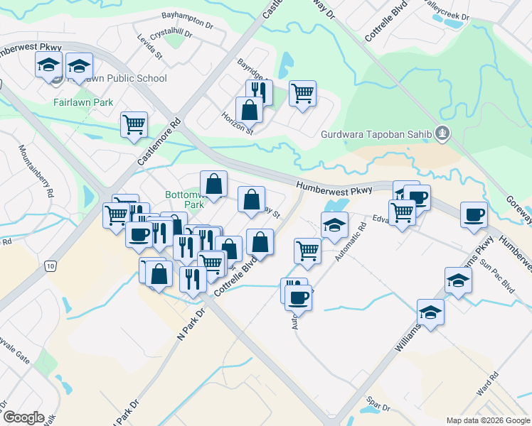 map of restaurants, bars, coffee shops, grocery stores, and more near 6 Eastway Street in Brampton