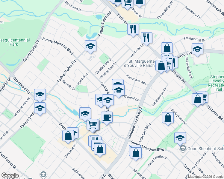 map of restaurants, bars, coffee shops, grocery stores, and more near 6 Canarygrass Drive in Brampton