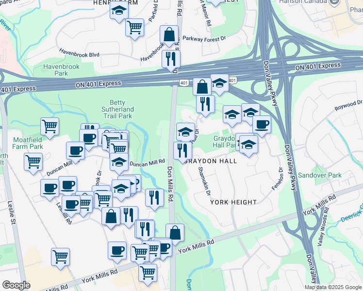map of restaurants, bars, coffee shops, grocery stores, and more near 18 Graydon Hall Drive in Toronto