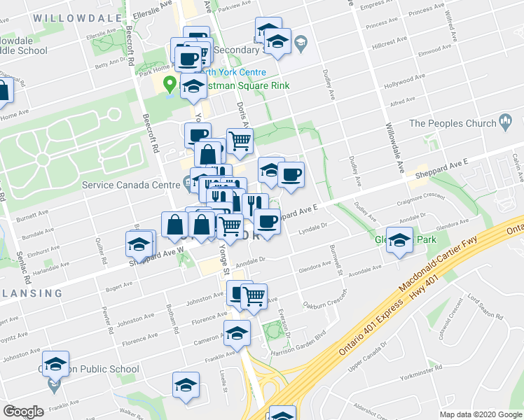map of restaurants, bars, coffee shops, grocery stores, and more near 18 Doris Avenue in Toronto
