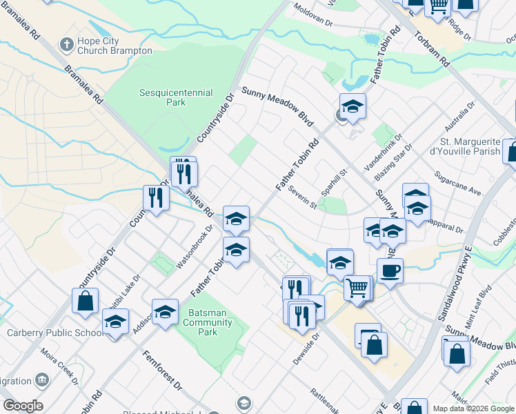 map of restaurants, bars, coffee shops, grocery stores, and more near 322 Father Tobin Road in Brampton